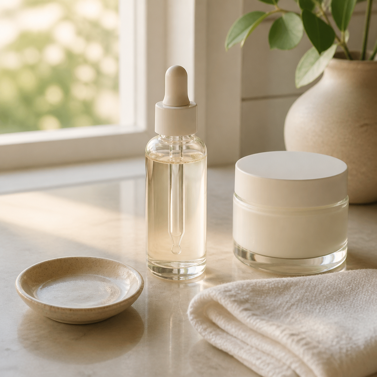 Sérum facial sin marca junto a una hidratante y una toalla limpia