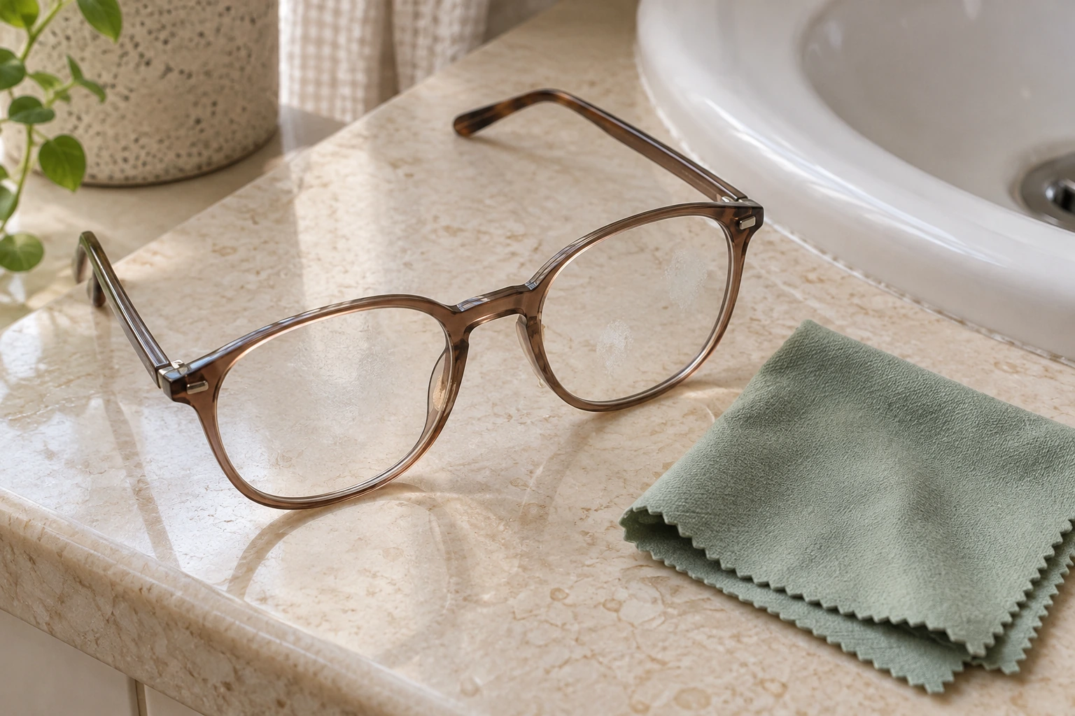 Gafas con una pequeña marca de maquillaje en el puente junto a un paño de microfibra limpio