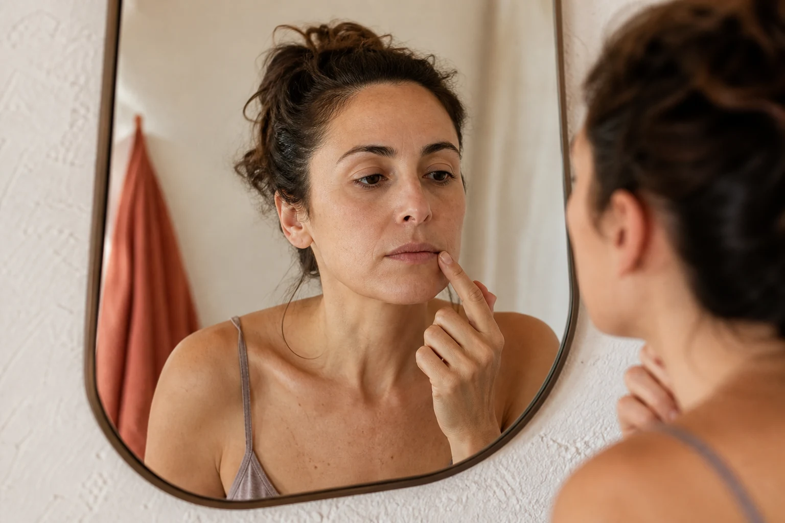 Mujer observando con calma el estado de sus labios frente a un espejo