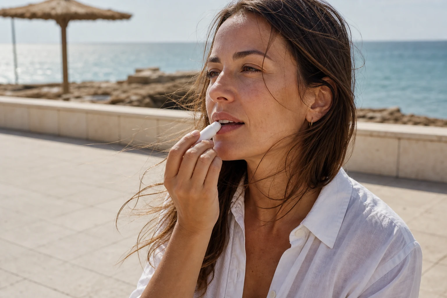 Mujer aplicando un fotoprotector labial en un paseo junto al mar