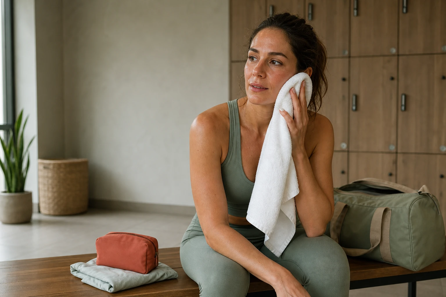 Una mujer se seca el sudor con una toalla limpia después de entrenar mientras mantiene cerrada su bolsa de maquillaje