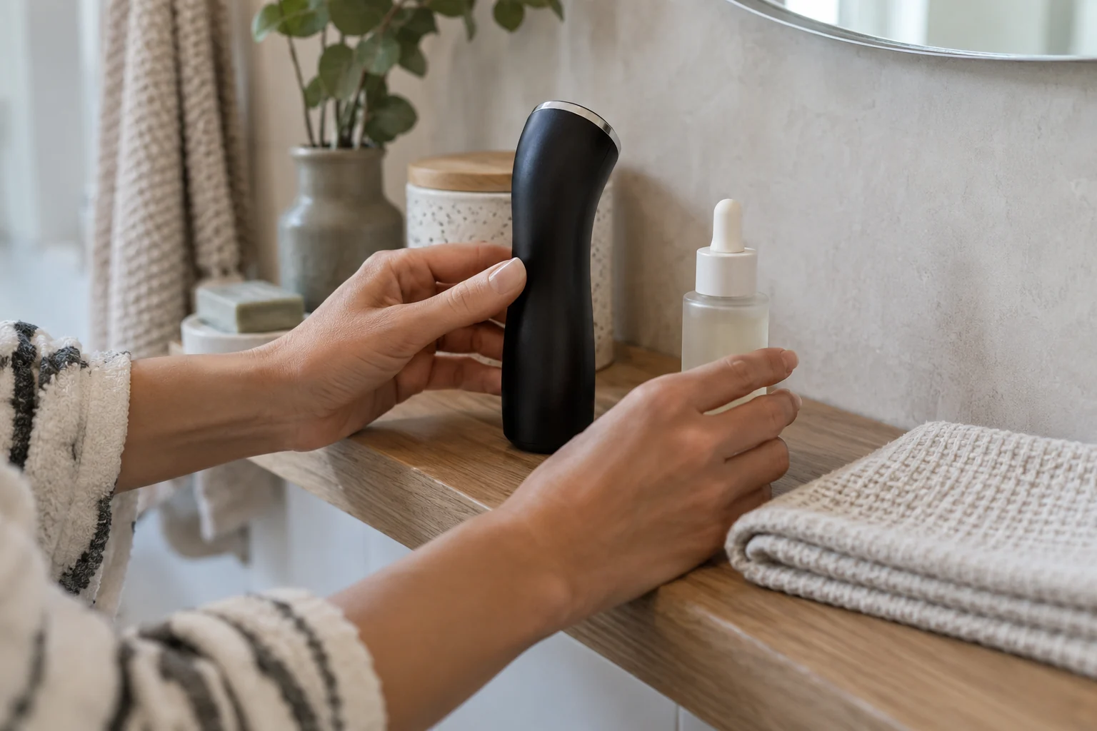 Manos organizan un dispositivo facial sin marca y un sérum en una repisa seca del baño