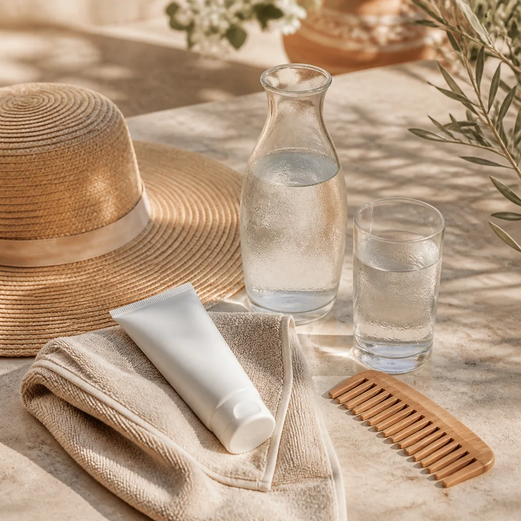 Sombrero, agua, toalla, protector solar y peine preparados para una rutina familiar de verano